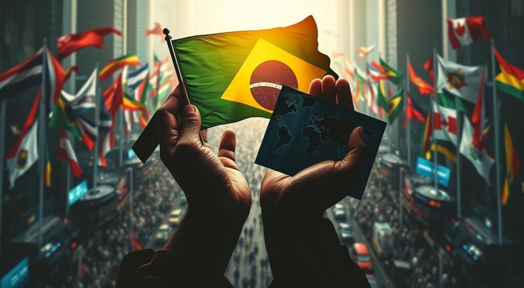 A bustling cityscape, where the flags of various nations flutter in the breeze, representing the global stage. In the center, a pair of hands, one grasping a Brazilian flag and the other a world map, symbolizing the struggles and interactions of the Lula government with other nations. The foreground is dimly lit, creating a sense of tension, while the background is brightly illuminated, showcasing the complex web of international relations. The scene is captured through a wide-angle lens, emphasizing the scope and magnitude of the challenges faced. The overall atmosphere is one of contemplation and introspection, inviting the viewer to ponder the similarities and differences between the conflicts experienced by the Lula administration and those of other governments.