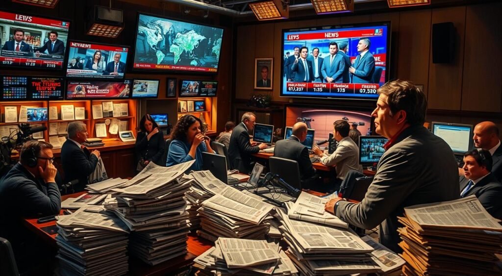 A bustling newsroom with journalists diligently working, surrounded by piles of newspapers and digital screens displaying the latest headlines. Warm lighting illuminates the scene, creating a sense of urgency and importance. In the foreground, a reporter gesticulates passionately while discussing the latest developments, their words reflecting the significant impact of the news story. The middle ground features an array of press clippings, news tickers, and breaking news alerts, conveying the widespread media coverage and public interest. In the background, a large television screen broadcasts live news coverage, underscoring the widespread repercussions of the event.