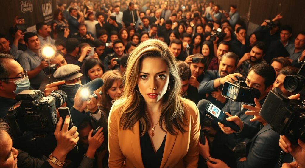 A chaotic scene of gossip and controversy surrounding Ana Castela's appearance as the ambassador of the Barretos event. In the foreground, Ana stands at the center, her expression a mix of confidence and unease as she faces a swarm of paparazzi and onlookers. Their cameras flash and microphones extend, capturing the moment. In the middle ground, a throng of curious spectators and social media influencers crowd around, whispering and gesturing animatedly. The background is a blur of activity, with security personnel and event staff attempting to maintain order amidst the commotion. The lighting is dramatic, with harsh shadows and highlights that accentuate the tension and drama of the moment. The overall tone is one of turbulence and uncertainty, reflecting the "polêmicas" and rumors surrounding this high-profile appearance.