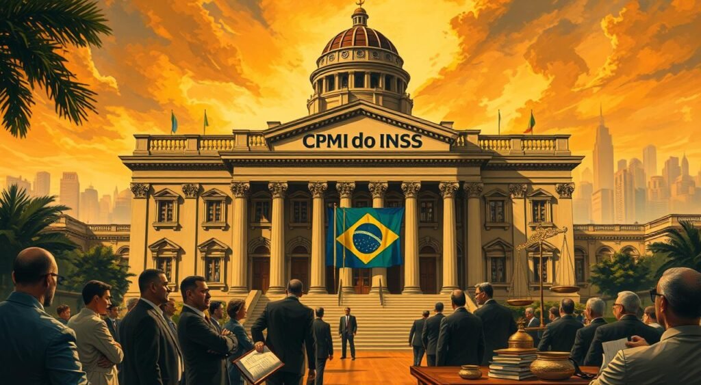 A detailed architectural illustration of the "CPMI do INSS" building, set against a backdrop of the Brazilian Congress. The structure should have a grand, imposing presence, with ornate columns, arched windows, and a prominent dome. The foreground should feature a busy scene of suited officials and legal documents, conveying the gravity and importance of the congressional investigation. The middle ground should include symbolic elements like the Brazilian flag and the scales of justice, hinting at the judicial oversight of the process. The background should depict the city skyline, suggesting the broader societal impact of this high-profile inquiry. The lighting should be dramatic, with warm, golden tones to evoke a sense of authority and legitimacy. The overall mood should be one of seriousness, formality, and the weight of institutional responsibility.