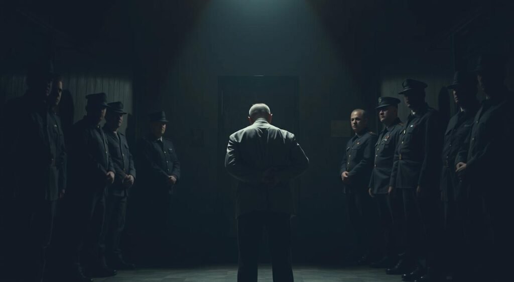 A dimly lit military barracks, shadows cast across the walls. In the center, a lone figure stands, hands cuffed behind his back, head bowed. Surrounding him, a group of stern-faced military officers, their uniforms crisp and imposing. The atmosphere is heavy with tension, a sense of inevitability permeating the scene. The lighting is dramatic, casting dramatic shadows and highlights, emphasizing the gravity of the situation. The camera angle is low, conveying a sense of powerlessness and the weight of the charges against the figure. The overall mood is one of solemn contemplation, a snapshot of a potential future where the once-powerful figure faces the consequences of their actions. A dimly lit military barracks, shadows cast across the walls. In the center, a lone figure stands, hands cuffed behind his back, head bowed. Surrounding him, a group of stern-faced military officers, their uniforms crisp and imposing. The atmosphere is heavy with tension, a sense of inevitability permeating the scene. The lighting is dramatic, casting dramatic shadows and highlights, emphasizing the gravity of the situation. The camera angle is low, conveying a sense of powerlessness and the weight of the charges against the figure. The overall mood is one of solemn contemplation, a snapshot of a potential future where the once-powerful figure faces the consequences of their actions.