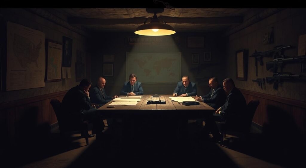 A dimly lit underground setting, with a large wooden table at the center. Shadowy figures sit around it, discussing plans in hushed tones. The walls are adorned with maps, documents, and a display of firearms, suggesting the presence of a sophisticated criminal organization. Overhead, a single light fixture casts a warm glow, creating an atmosphere of secrecy and tension. The scene is captured from a low angle, emphasizing the power and control of the individuals present. The overall tone is one of foreboding, reflecting the gravity of the criminal enterprise at hand.