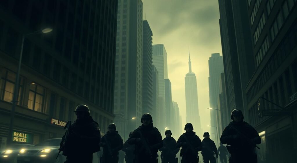 A dimly lit urban street, gritty and foreboding, with looming buildings casting long shadows. In the foreground, a group of armed law enforcement officers in tactical gear stand vigilant, their expressions tense as they scan the area for potential threats. The background is hazy, filled with the faint silhouettes of skyscrapers and the eerie glow of streetlights, conveying a sense of unease and a society on edge. The overall atmosphere is one of internal tension and the weight of external pressures, reflecting the fragile balance of security and the unseen forces that shape a nation's stability.