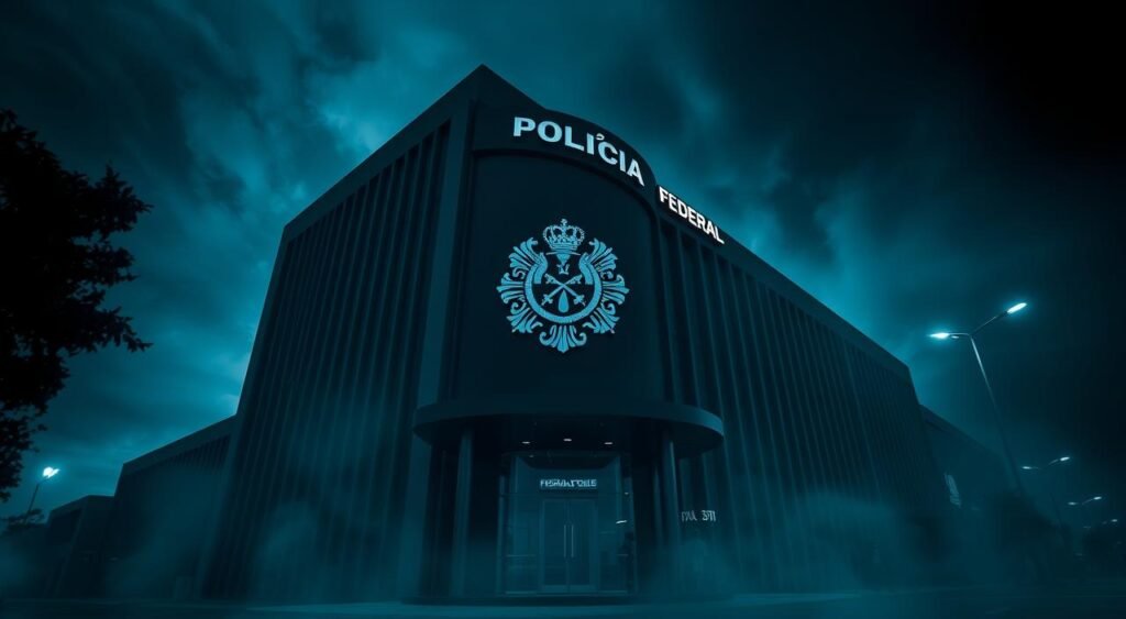 A dramatic, high-contrast image of the "Polícia Federal" (Federal Police) building, with a strong focus on the agency's distinctive emblem and architectural details. The structure stands tall and imposing, its sleek, modern lines accentuated by sharp shadows and highlights. The scene is bathed in a cool, authoritative lighting, conveying a sense of power and precision. The foreground is crisp and detailed, while the background fades into a hazy, atmospheric blur, drawing the viewer's attention to the agency's iconic emblem. The overall mood is one of professionalism, diligence, and unwavering dedication to the law.