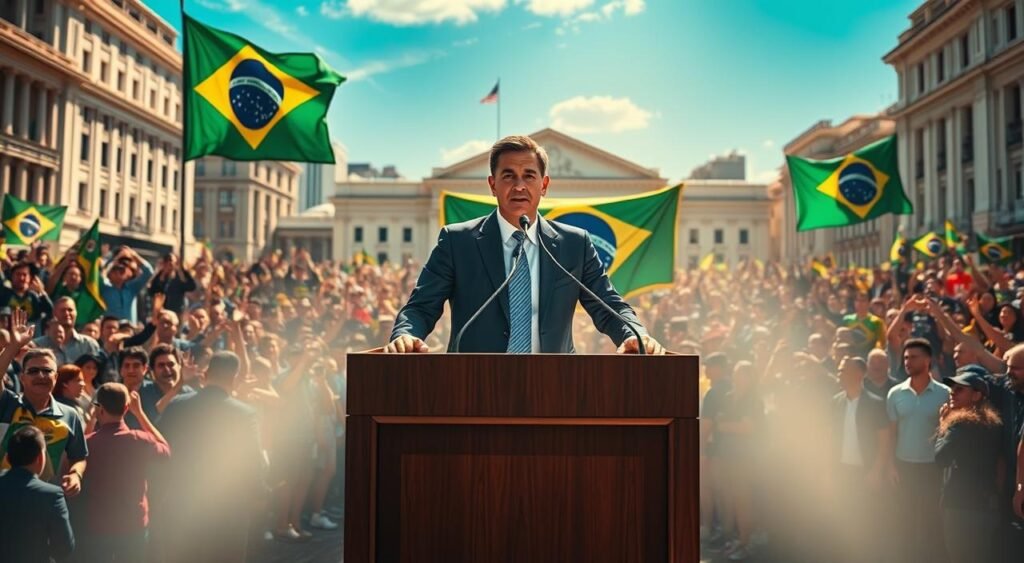 A grand podium stands in a sunlit square, adorned with the Brazilian flag and vibrant banners. Romeu Zema, a commanding presence in a crisp suit, addresses a sea of enthusiastic supporters, their cheers echoing through the air. The scene exudes a sense of confidence and determination, as Zema reaffirms his pre-candidacy for the 2026 presidential election. Dramatic lighting casts dynamic shadows, heightening the gravitas of the moment. The background features the iconic architecture of a Brazilian city, underscoring Zema's national appeal. This image captures the essence of a leader rallying his base, ready to shape the future of the country.