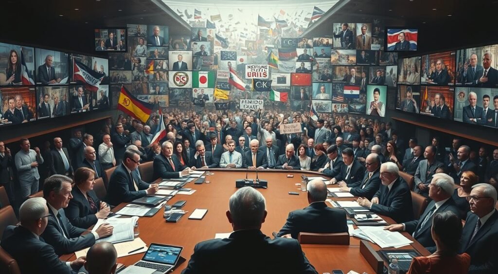 A grand, sweeping scene of international reaction to a shocking event. In the foreground, world leaders gathered in a high-level diplomatic meeting, expressions tense as they pore over maps and documents, debating urgent next steps. The middle ground shows crowds of protesters waving flags and placards, emotions running high. In the background, a mosaic of news media coverage - reporters interviewing experts, pundits debating on talk shows, social media posts going viral. Bright lighting illuminates the gravity of the moment, while a somber color palette conveys the weight of geopolitical consequences. Capture the sense of a pivotal juncture in global affairs, where decisions made will echo across the world stage.