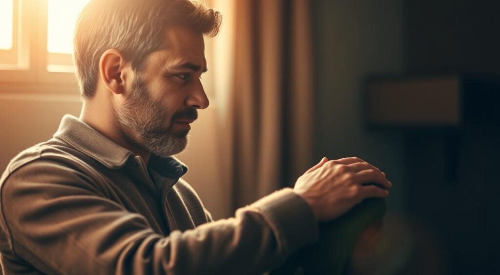 A heartfelt moment of a father and son, bathed in warm, soft lighting. The son, with a thoughtful expression, gently touches his father's arm, their eyes locked in a tender exchange. The father's face reflects a profound sense of understanding and resolve, as if the son's words have unlocked a path forward. The background is subtly blurred, keeping the focus on this intimate interaction, a pivotal turning point in their journey of overcoming personal struggles. Capture the emotional weight and connection between them, a testament to the power of family support.