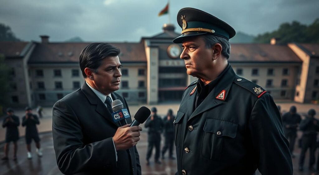 A high-angle shot of a military barracks in the background, with a news reporter standing in the foreground, microphone in hand, intently interviewing a stern-faced figure in military uniform, likely Bolsonaro, against the backdrop of the imposing structure. The lighting should be dramatic, with shadows casting an ominous tone, and the composition should convey a sense of tension and unease, reflecting the serious nature of the potential scenario being discussed in the article. A high-angle shot of a military barracks in the background, with a news reporter standing in the foreground, microphone in hand, intently interviewing a stern-faced figure in military uniform, likely Bolsonaro, against the backdrop of the imposing structure. The lighting should be dramatic, with shadows casting an ominous tone, and the composition should convey a sense of tension and unease, reflecting the serious nature of the potential scenario being discussed in the article.