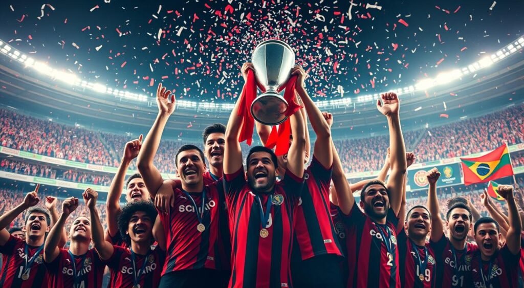 A lively, celebratory scene of Flamengo players triumphantly holding the Campeonato Brasileiro trophy aloft, their faces shining with joy and pride. The stadium is filled with a sea of red-and-black-clad fans, waving flags and banners, their roars of excitement echoing through the air. Confetti rains down from the stands, casting a festive glow over the victorious team as they bask in their hard-earned championship glory. Dramatic lighting illuminates the players' expressions, conveying the immense significance of this momentous occasion for the Flamengo faithful. A dynamic, cinematic composition captures the electric atmosphere of this pivotal triumph in the Brazilian league.