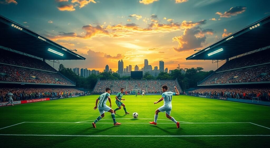 A lush, verdant soccer stadium at twilight, the floodlights casting a warm glow over the well-manicured pitch. In the foreground, the iconic Palmeiras and Universitario jerseys face off, the players locked in an intense battle for control of the ball. The crowd roars with anticipation, their voices echoing through the stands. In the background, the skyline of the city shimmers, the last rays of the sun painting the clouds with a golden hue. The scene is one of high-stakes drama, where two teams clash in a crucial match that will determine the course of the Libertadores tournament.