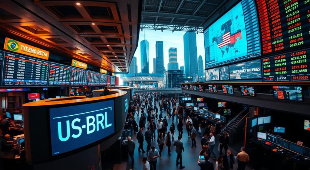 A panoramic view of a bustling international currency exchange center, with rows of digital displays showcasing the real-time fluctuations of the US dollar against various global currencies. The bright, neon-lit atmosphere conveys a sense of high-stakes financial activity, with traders and analysts closely monitoring the constantly shifting exchange rates. The foreground features a central digital board highlighting the current USD/BRL (US dollar to Brazilian real) exchange rate, emphasizing the focal point of the scene. The middle ground depicts the orderly flow of people moving through the exchange floor, while the background is filled with towering skyscrapers and a cityscape that suggests a major global financial hub. The lighting is a combination of warm, overhead illumination and the cool, pulsing glow of the digital displays, creating a dynamic and immersive visual experience.