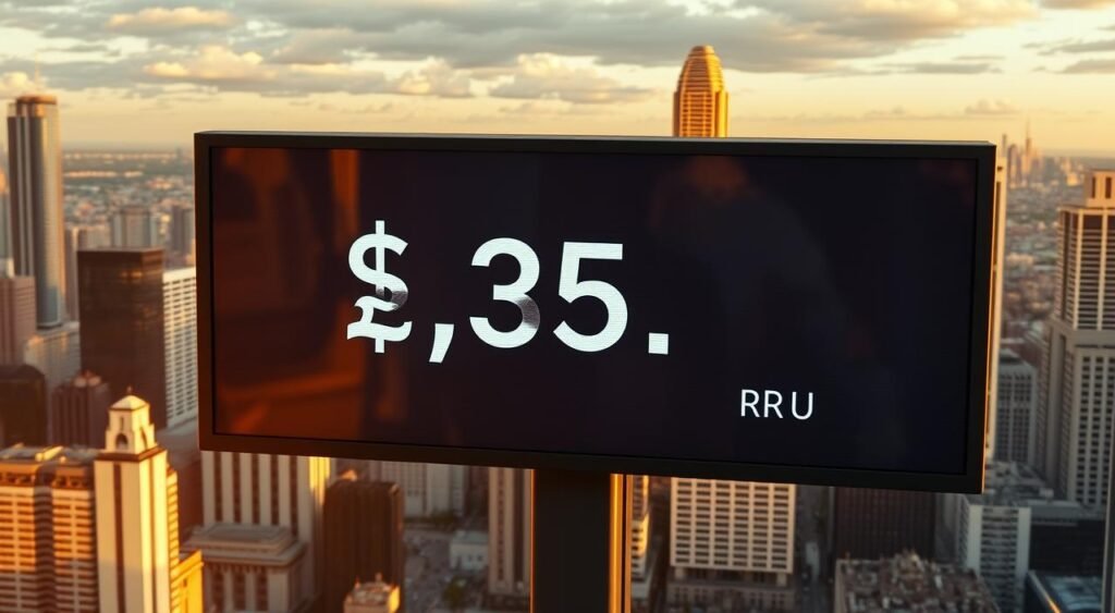 A real-time stock ticker display, showing the current US dollar exchange rate against the Brazilian real, set against a backdrop of a cityscape with skyscrapers and financial district. The screen is bathed in a warm, golden light, conveying a sense of urgency and importance. The display is clear and legible, with crisp, high-contrast graphics that make the exchange rate easy to read at a glance. The overall scene evokes a feeling of modern, high-tech finance and the global interconnectedness of currency markets.