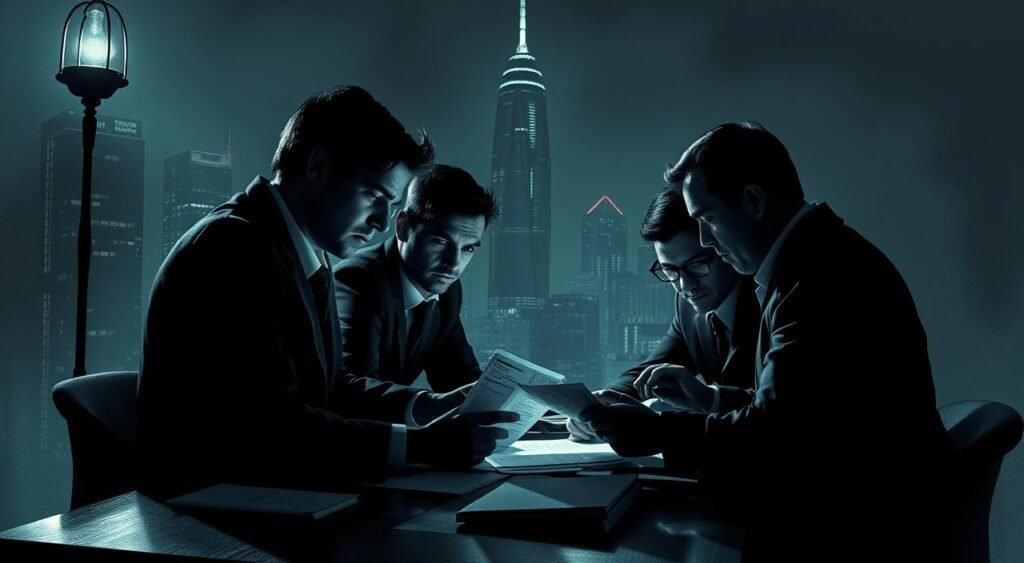 A shadowy group of fintech executives huddle around a table, poring over financial documents, their expressions tense and guarded. The scene is lit by a single, dim lamp, casting ominous shadows across their faces. In the background, the gleaming towers of Faria Lima loom, a testament to the wealth they seek to obscure. The air is thick with an atmosphere of secrecy and unease, as the fintech professionals scheme to launder money through their digital platforms, their actions shrouded in a veil of deception.