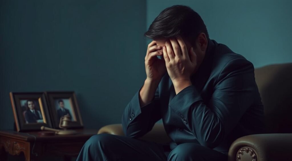 A somber-looking Jair Bolsonaro, the former President of Brazil, sitting alone in a dimly lit room, his head in his hands, conveying a sense of deep anguish and melancholy. The scene is bathed in a muted, bluish hue, creating an atmosphere of introspection and emotional turmoil. Subtle details, such as a framed photograph on a nearby table, suggest a personal and reflective moment, as Bolsonaro appears to grapple with the weight of impending legal consequences. The overall composition evokes a sense of vulnerability and a man facing a challenging psychological and emotional state.