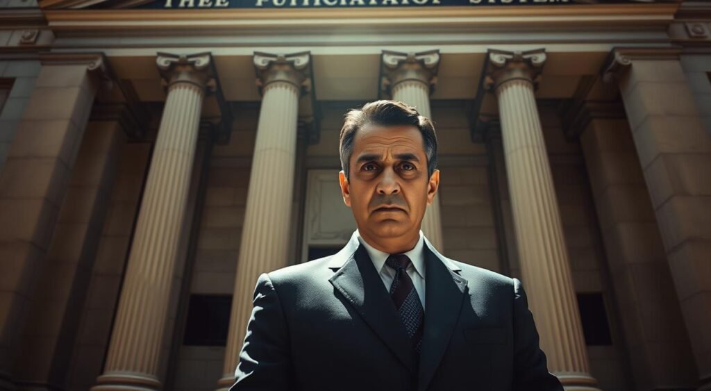 A stern-looking Zema, the governor of Minas Gerais, stands firmly amidst a backdrop of the Brazilian judicial system's facade, with its imposing columns and ornate architecture. The scene conveys a sense of confrontation, as Zema's gaze pierces through, expressing his critical stance towards the judiciary. The lighting is dramatic, casting shadows that accentuate the tension in the air. The composition emphasizes the power dynamics at play, with Zema positioned as a solitary figure challenging the established order. The overall atmosphere evokes a sense of unease and a call for change, hinting at the underlying tensions between Zema and the judicial branch.