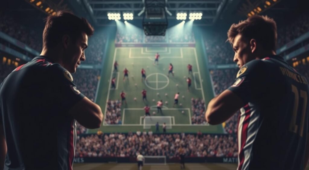 A tactical analysis of a fiercely contested football match, showcasing dynamic formations, intricate passing patterns, and decisive moments of the game. Set in a dimly lit stadium, the image captures the intensity of the match with players in sharp focus, their expressions conveying the high stakes. The middle ground features a detailed overhead view of the pitch, highlighting the tactical positioning and movement of the teams. In the background, blurred spectators add to the atmosphere, their silhouettes creating a sense of energy and anticipation. Dramatic lighting casts shadows that accentuate the players' physicality, while a cinematic depth of field draws the viewer's attention to the heart of the tactical analysis.