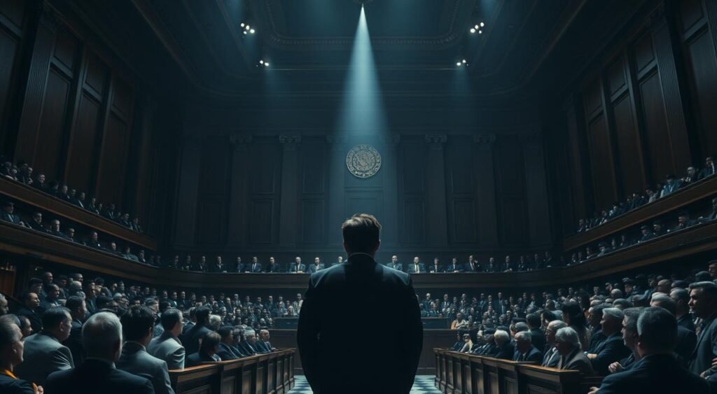 A vast, imposing courtroom in the Supreme Federal Court of Brazil, bathed in a solemn, authoritative lighting. In the center, a lone figure stands before a panel of stern-faced judges, surrounded by a tense, hushed audience - the trial of former President Jair Bolsonaro. Dramatic shadows cast across the defendant's face, reflecting the gravity of the proceedings. The judges, clad in their ceremonial robes, observe intently, their expressions conveying the weight of the decision they must make. The scene exudes a profound sense of legal scrutiny and the high stakes of this historic judicial reckoning.