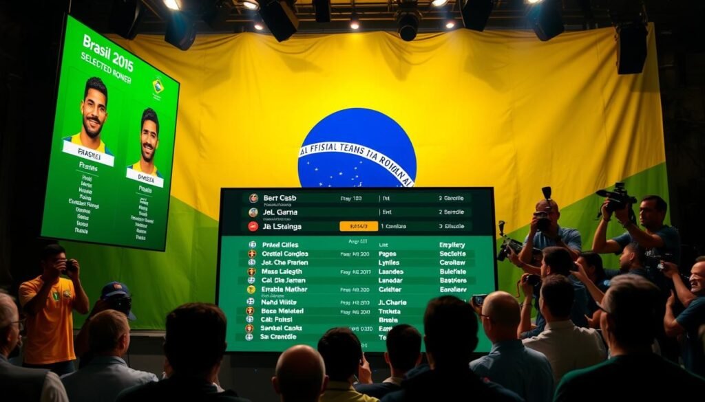 A vibrant and dynamic scene of the Brazilian national soccer team's official roster announcement on August 25th. In the foreground, a large, high-resolution digital display showcases the list of selected players, with their headshots and names prominently featured. The middle ground captures the excitement of the press conference, with journalists and photographers eagerly capturing the moment. The background features the iconic yellow and green colors of the Brazilian flag, creating a patriotic and celebratory atmosphere. Dramatic lighting casts dramatic shadows, adding depth and drama to the composition. The overall mood is one of anticipation and national pride as the team prepares for the final rounds of the World Cup qualifiers.