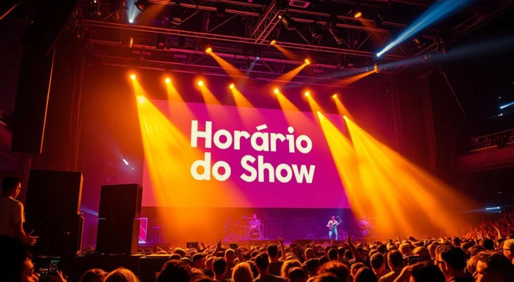A vibrant concert stage with warm, golden lighting illuminating a large digital screen displaying the words "Horário do Show" in a bold, stylish font. In the foreground, a sleek, modern sound system and technical equipment, hinting at the high-production values of the event. The middle ground features a crowd of excited fans, their energy and anticipation palpable. In the background, a hint of a concert venue's interior, with plush seating and atmospheric lighting, creating a sense of immersion and grandeur. The overall mood is one of excitement, energy, and the anticipation of an unforgettable live music experience.