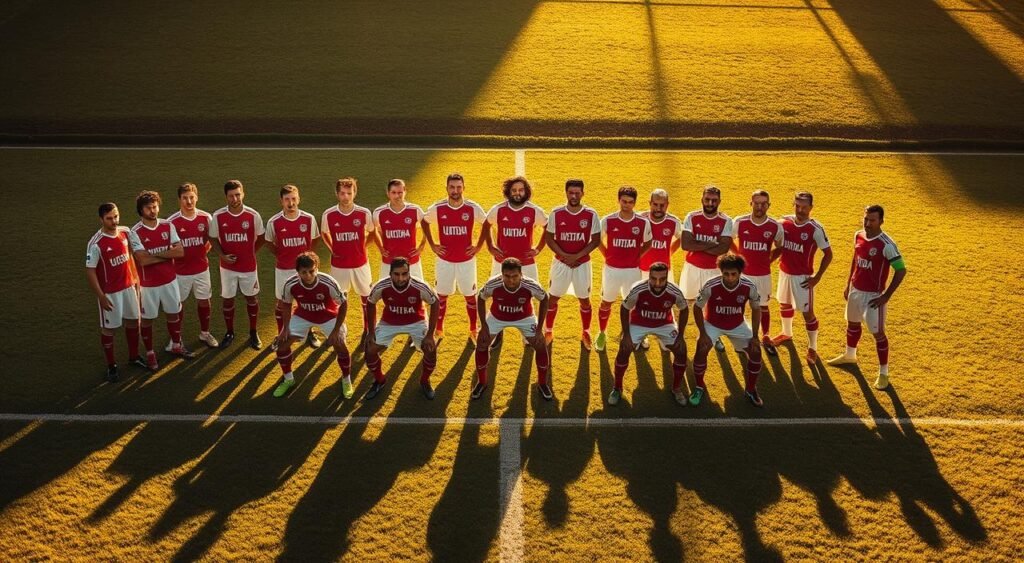 A vibrant, high-resolution image of the starting lineup of the Universitario football club, positioned in a dynamic, well-organized formation on a meticulously manicured grass pitch. The players wear their distinctive red and white uniforms, their expressions focused and determined. Warm, natural lighting casts long shadows across the scene, creating a sense of depth and drama. The camera angle is slightly elevated, allowing the viewer to survey the entire team as they prepare to take the field. The image conveys the energy and anticipation of a crucial match, setting the stage for the upcoming clash between Palmeiras and Universitario.