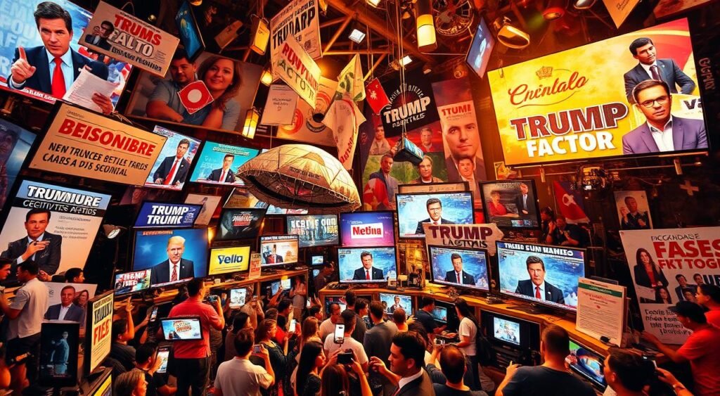 A vibrant media landscape filled with headlines, social media posts, and news coverage, reflecting the widespread reactions and discussions sparked by the "Trump factor" in the trial of Bolsonaro. The scene depicts a dynamic and chaotic environment, with a sense of urgency and high emotions, as various news outlets and platforms amplify the story. Warm lighting illuminates the bustling scene, with a camera-like lens capturing the energy and intensity of the media coverage. The overall atmosphere conveys the significant impact and widespread repercussions of this pivotal event on the public discourse.