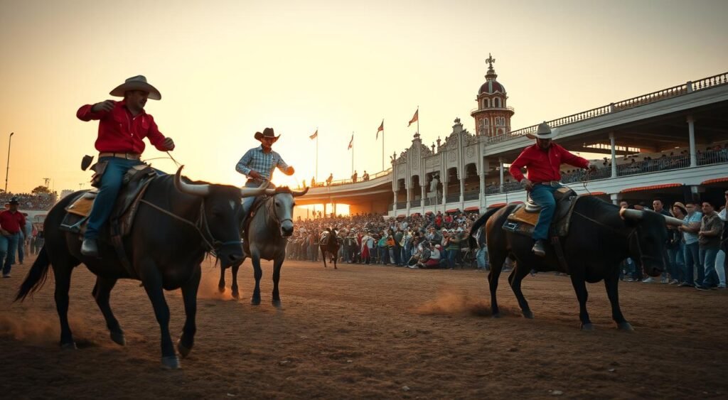 A vibrant outdoor scene of the Festa do Peão de Barretos, an iconic Brazilian rodeo festival known for its rich history and cultural significance. In the foreground, a group of skilled cowboys adorned in traditional attire perform daring feats on the back of spirited bulls, their movements captured in a dynamic, cinematic wide-angle shot. The middle ground features a lively crowd of spectators, their faces aglow with excitement under the warm, golden light of the setting sun. In the background, the iconic architecture of the Barretos fairgrounds stands tall, a testament to the event's longstanding tradition and significance within the local community. The overall atmosphere conveys a sense of festive celebration, cultural pride, and the enduring spirit of the Brazilian cowboy tradition.