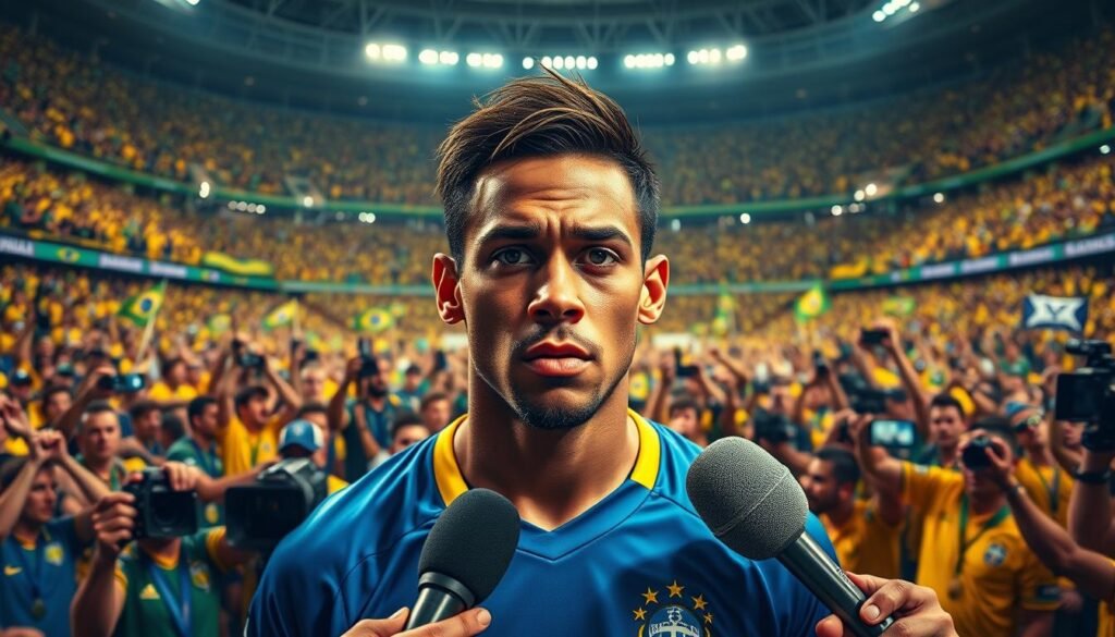 A vibrant soccer stadium, its stands filled with passionate fans waving Brazilian flags and jerseys. In the center, Neymar stands, his expression a mix of determination and apprehension, as he awaits the announcement of the national team's pre-list for the upcoming tournament. Around him, the media swarm, cameras flashing and microphones thrust forward, capturing the anticipation and scrutiny of the moment. The lighting is dramatic, casting shadows and highlights across Neymar's face, emphasizing the gravity of the situation. The atmosphere is electric, with a palpable sense of excitement and potential controversy, as the world waits to see if the star player will be included in the squad.