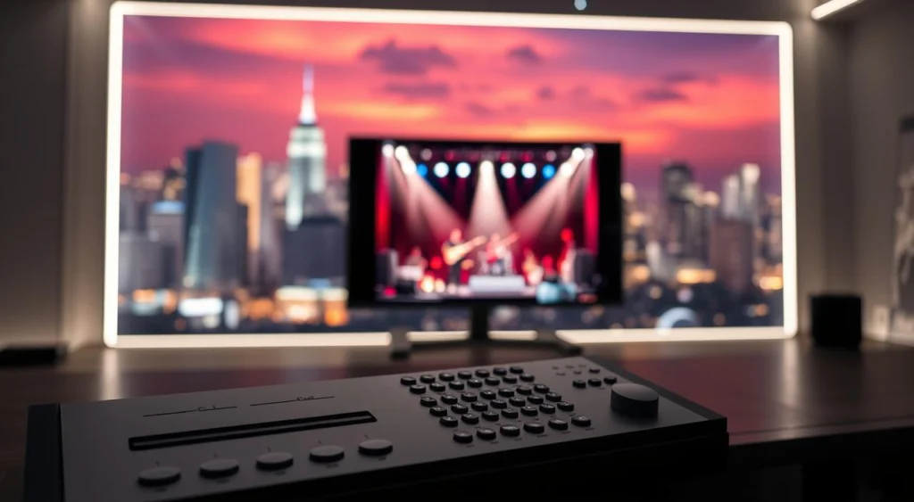 A well-lit, modern streaming platform interface with a clean, minimalist design. In the foreground, a sleek and intuitive control panel with various buttons and sliders for adjusting video and audio settings. In the middle ground, a large, high-definition video player showcasing a live concert performance. The background features a subtle, blurred cityscape with skyscrapers and a vibrant night sky, creating a sense of scale and urban sophistication. The overall mood is one of technological sophistication, seamless user experience, and high-quality entertainment.