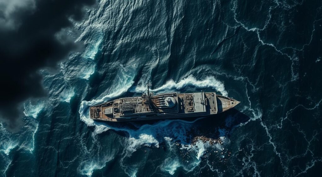 Detailed satellite imagery of the Black Sea, capturing the aftermath of a military strike. Dramatic aerial perspectives showcase the damaged Russian vessel, its cargo of weapons partially submerged. Turbulent waves and dark storm clouds set an ominous tone, underlining the gravity of the situation. The scene is bathed in cool, high-contrast lighting, emphasizing the documentary nature of the images. Precise details of the ship's structure and debris field provide visual evidence to support the unfolding events. This cohesive visual narrative aims to inform and engage the viewer, complementing the article's exploration of the Ukrainian offensive.