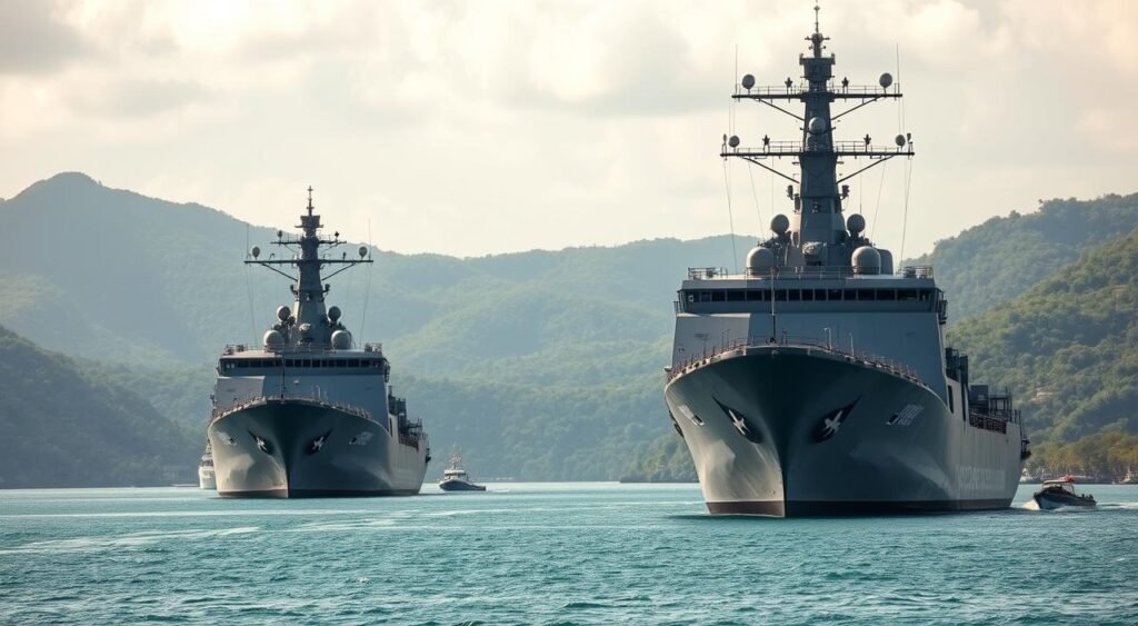 Three massive naval vessels, their hulls gleaming in the warm tropical sunlight, anchored in a sheltered bay. The imposing warships, adorned with the distinct insignia of the Venezuelan navy, stand as a formidable deterrent against any potential aggression. In the hazy background, lush green hills and a cloudless azure sky provide a serene backdrop, belying the rising tensions and the ominous "message" these vessels convey. The scene is captured with a wide-angle lens, emphasizing the sheer scale and power of the military might assembled, casting an ominous shadow over the fragile political landscape. The mood is one of tense anticipation, as if the calm before a gathering storm.