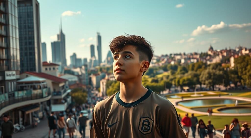 A bustling European city skyline, with towering skyscrapers and historic architecture blending seamlessly. In the foreground, a young soccer player stands thoughtfully, glancing up at the unfamiliar surroundings, his expression a mix of determination and uncertainty. The lighting is soft, casting a warm, golden glow that accentuates the cultural juxtaposition. The middle ground features a busy street, with locals going about their daily lives, their diverse clothing and body language reflecting the vibrant multicultural atmosphere. In the background, a sprawling park provides a serene contrast, with lush greenery and a tranquil pond. An overall sense of adaptation and personal growth permeates the scene, as the player navigates the challenges of a new environment.