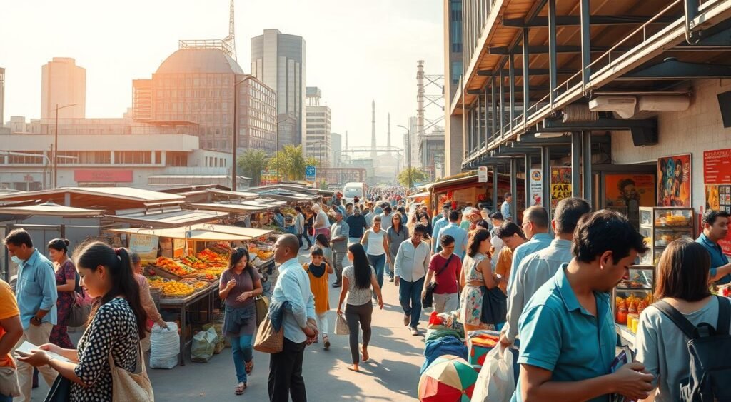A bustling scene of economic activity and income generation. In the foreground, a group of diverse individuals engage in various entrepreneurial pursuits - selling goods, providing services, and managing small businesses. The middle ground showcases a thriving marketplace, with vibrant stalls, pedestrians, and a sense of productivity and commerce. In the background, modern office buildings and industrial facilities suggest a broader ecosystem of employment and wealth creation. Warm, natural lighting illuminates the scene, conveying a sense of prosperity and opportunity. The overall atmosphere is one of dynamic economic growth, where individual initiative and community collaboration drive the generation of income and livelihoods. A bustling scene of economic activity and income generation. In the foreground, a group of diverse individuals engage in various entrepreneurial pursuits - selling goods, providing services, and managing small businesses. The middle ground showcases a thriving marketplace, with vibrant stalls, pedestrians, and a sense of productivity and commerce. In the background, modern office buildings and industrial facilities suggest a broader ecosystem of employment and wealth creation. Warm, natural lighting illuminates the scene, conveying a sense of prosperity and opportunity. The overall atmosphere is one of dynamic economic growth, where individual initiative and community collaboration drive the generation of income and livelihoods.