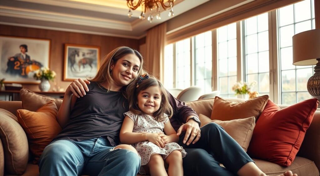 A close-knit family portrait of Kelly Key, her husband, and their daughter Suzanna, gathered in their luxurious apartment. The scene radiates a sense of warmth and affection, with the trio seated comfortably on a plush sofa, surrounded by tasteful decor and large windows that flood the space with soft, natural lighting. Kelly and her husband share a loving embrace, while Suzanna sits between them, her expression one of joy and contentment. The overall atmosphere conveys the deep bond and strong family dynamics that define the Kelly Key household.