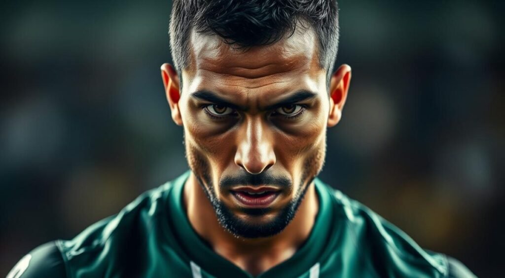 A close-up portrait of Bruno Rodrigues, the skilled midfielder of Palmeiras, in a dynamic and expressive pose. Set against a blurred background, the image captures his intense gaze, rugged features, and the intensity of his persona. Dramatic lighting accentuates the chiseled lines of his face, conveying a sense of determination and focus. The composition emphasizes his athletic build and the power he brings to the Palmeiras squad. The image aims to highlight the player's profile and the excitement surrounding his return to the team after an extended absence. A close-up portrait of Bruno Rodrigues, the skilled midfielder of Palmeiras, in a dynamic and expressive pose. Set against a blurred background, the image captures his intense gaze, rugged features, and the intensity of his persona. Dramatic lighting accentuates the chiseled lines of his face, conveying a sense of determination and focus. The composition emphasizes his athletic build and the power he brings to the Palmeiras squad. The image aims to highlight the player's profile and the excitement surrounding his return to the team after an extended absence.