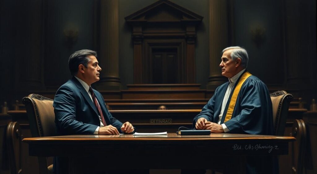 A courtroom scene with a table in the foreground, where two individuals are seated and engaged in a discussion. One individual is wearing a suit, representing the friend of Eduardo Bolsonaro, while the other is wearing a robe, representing the member of the Ethics Council. The room is dimly lit, with a sense of tension and gravity in the air. The background is blurred, but suggests a formal setting, such as a government building or a legal institution. The overall composition conveys the seriousness and importance of the process being discussed.