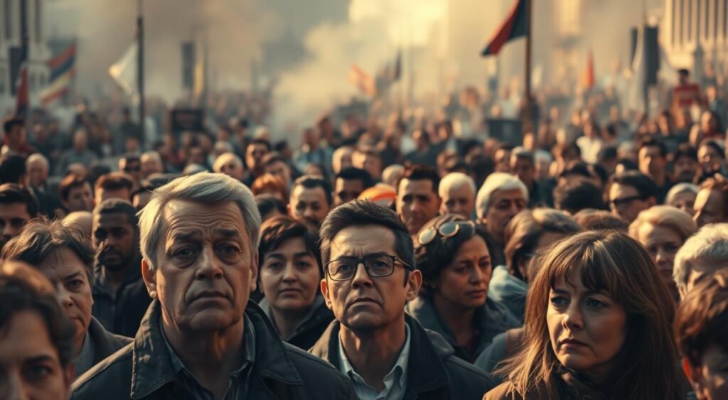 A crowd of people gathered in a public square, their faces reflecting a range of emotions - some pensive, others animated in discussion. In the foreground, a sense of tension and uncertainty pervades the scene, as if a pivotal moment in the public discourse has just occurred. The middle ground is filled with a diversity of individuals, representing various societal perspectives. The background is shrouded in a hazy, almost dreamlike quality, suggesting the complex and multifaceted nature of public perception. Warm lighting casts a soft glow, heightening the sense of contemplation and the weight of the moment. The overall composition captures the nuanced and ever-evolving nature of public sentiment towards a contentious political issue.