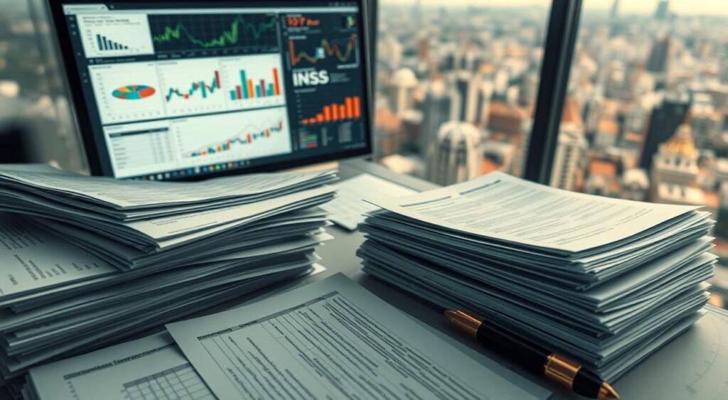 A detailed financial report on a complex INSS (Brazil's social security system) scheme, seen from a high-angle perspective. The foreground features a stack of documents, ledgers, and spreadsheets, meticulously arranged to convey the intricate web of financial transactions. The middle ground showcases a computer monitor displaying graphs, charts, and data visualizations, illuminating the scale and complexity of the alleged wrongdoings. In the background, a blurred cityscape suggests the broader context and impact of the INSS scandal. The overall mood is one of serious investigation, with a sense of careful scrutiny and the weight of uncovering financial malfeasance.