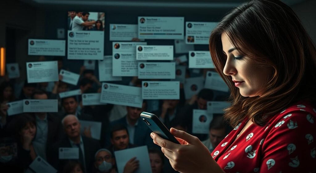 A detailed social media scene featuring Michelle Bolsonaro, shot with a professional camera lens, capturing her online presence and public reaction. The foreground showcases Michelle scrolling through her phone, surrounded by social media icons and engagement metrics. The middle ground depicts a lively discussion on various platforms, with comments and reactions from the public. The background sets a somber, tense atmosphere, reflecting the controversy and criticism surrounding her. Dramatic lighting and a cinematic composition emphasize the impactful nature of this digital landscape.