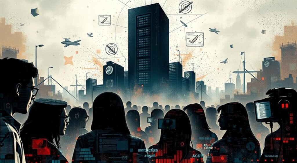 A digital composition depicting the concept of "social media moderation policies". In the foreground, a diverse group of online users engages in a heated discussion, their faces obscured by digital glitches and static. In the middle ground, a towering structure resembling a server rack or data center looms, casting an ominous shadow over the scene. The background is filled with a surreal, distorted landscape of abstract, glitch-like elements, suggesting the complex and chaotic nature of digital spaces. The overall mood is one of tension, uncertainty, and the struggle to maintain control and order in the ever-evolving landscape of online communication.