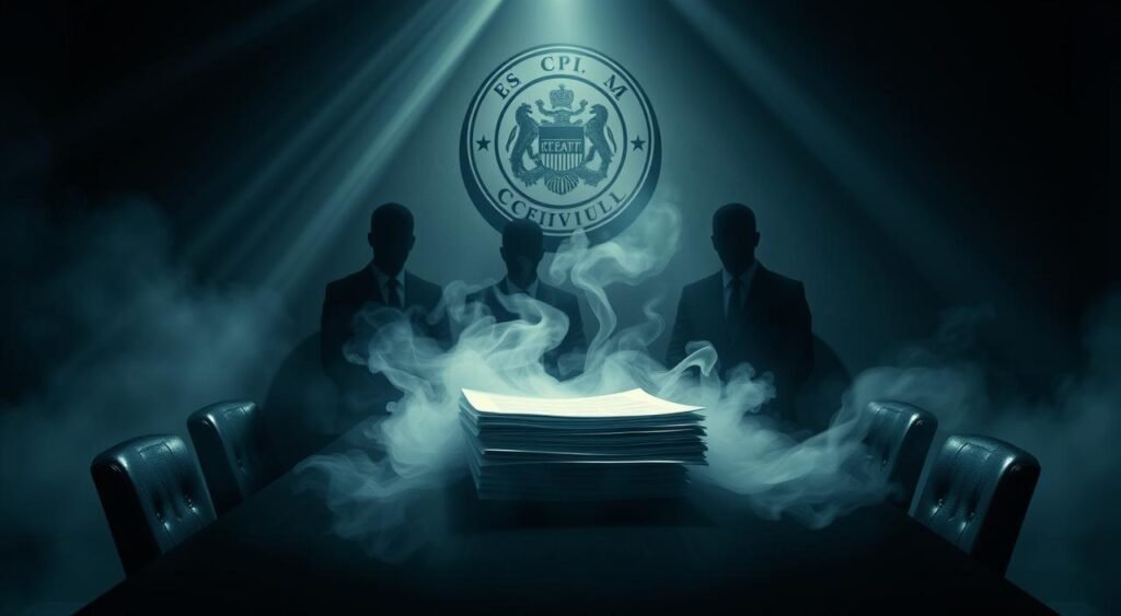 A dimly lit conference room, the CPMI's seal prominently displayed on the wall. At the center, a stack of confidential documents, their contents obscured by a swirling mist. Surrounding the documents, ghostly figures in suits, their faces obscured, symbolizing the targets of the approved surveillance orders. Beams of light slice through the haze, casting long shadows and creating a somber, clandestine atmosphere. The scene conveys the gravity and secrecy of the CPMI's approved breaches of privacy, leaving the viewer to ponder the implications and scope of the investigation.