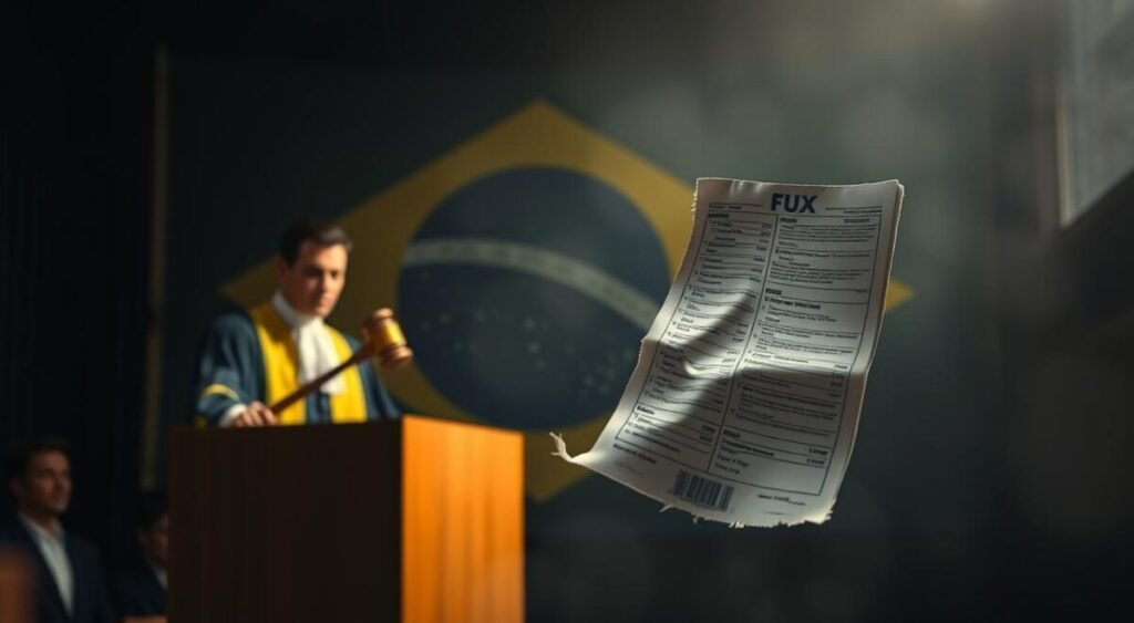 A dimly lit courtroom setting, with Fux's judicial robes and gavel prominently displayed on a wooden podium. In the foreground, a tattered, contradictory voting ballot floats, its edges frayed, symbolizing the inconsistencies and flaws in the electoral process. The background is a hazy, abstract representation of the Brazilian flag, its colors muted and distorted, casting an uneasy, uncertain atmosphere. Soft, dramatic lighting illuminates the scene, creating deep shadows and highlights that accentuate the conflicting elements. The overall composition conveys a sense of judicial scrutiny, political discord, and the complexities inherent in the nation's democratic institutions.