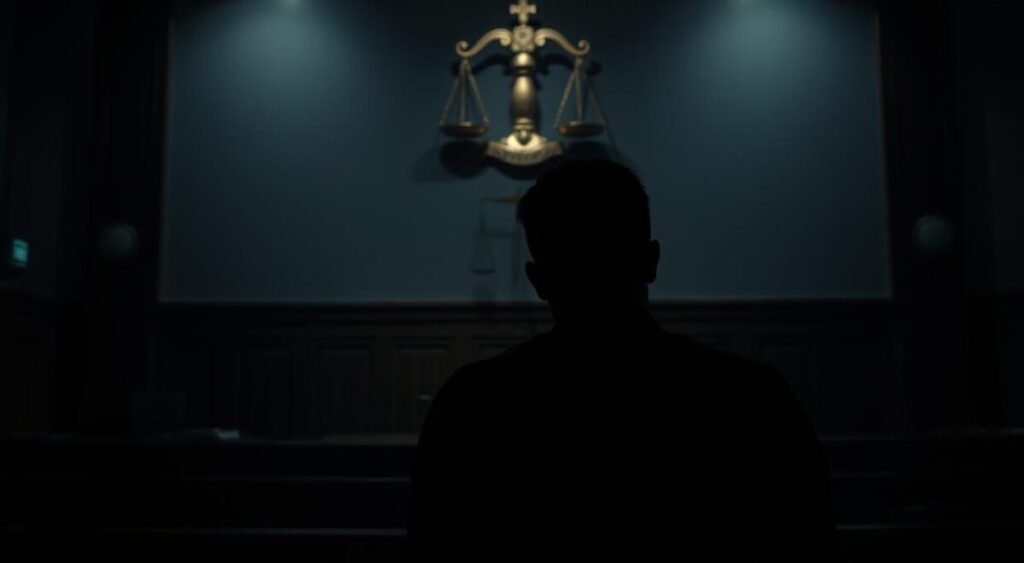 A dimly lit courtroom, the scales of justice prominent on the wall. In the foreground, a figure sits silently, their face obscured by shadow, conveying the weight of the "direito ao silêncio" - the right to remain silent. The atmosphere is solemn, the lighting soft and contemplative, as if capturing a moment of profound legal deliberation. The scene is shot from a low angle, emphasizing the gravity of the situation, with a sense of depth and perspective provided by the courtroom's architectural details in the background.