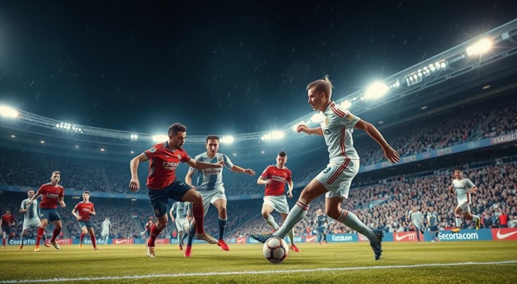 A dramatic, high-intensity football match between two rival teams, with players fiercely competing for the ball under the bright lights of a stadium. Capture the intensity of the game, the tension, and the focus of the players as they fight for a crucial victory that will determine their standing in the league table. Depict the players' agility, skill, and determination, with a sense of motion and energy conveyed through dynamic camera angles and lighting. The image should evoke the thrill and excitement of the game, with the background blurred to emphasize the players and the action on the field.