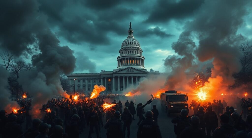 A dramatic scene of chaos and upheaval on January 8th, 2023, with a large crowd of protesters storming the government buildings in the capital city. Billowing clouds of smoke and tear gas fill the air, illuminated by flashes of police flashbangs. In the foreground, a group of rioters clash violently with heavily armored riot police, while in the middle ground, a line of military vehicles blocks the entrance to the Congress. In the background, the iconic domes of the capital's historic architecture loom ominously under a dark, ominous sky. The mood is one of heightened tension, civil unrest, and a sense of a nation in crisis.