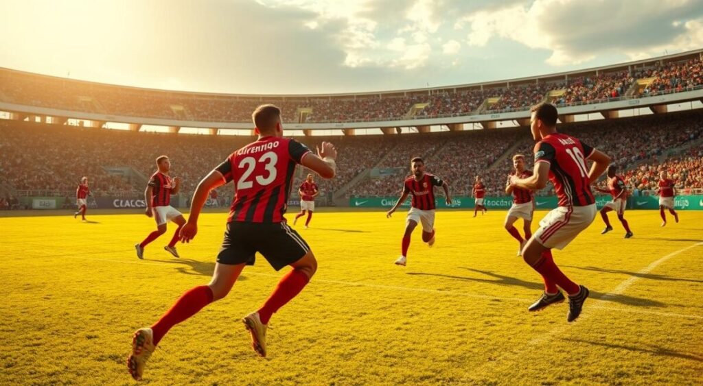 A dynamic football match between Juventude and Flamengo, the Rubro-Negro (Red-and-Black) club triumphs 2-0 on the opponent's home turf. Capture the intensity of the game with players in vivid crimson and white uniforms clashing on a verdant pitch, bathed in warm golden sunlight. Dramatic camera angles showcase the players' athleticism and determination, while the roar of the crowd and the vibrant stadium atmosphere create a palpable sense of energy. Depict the strategic positioning of the teams, the lightning-fast passes, and the crowd's exhilaration as Flamengo secures a decisive victory.