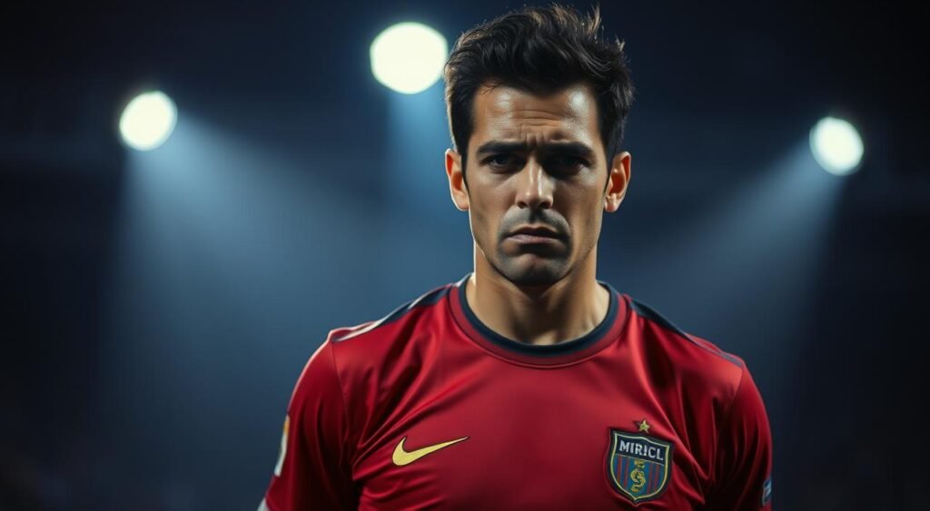 A famous Brazilian soccer player Romário stands in a tense, uncomfortable stance, his expression a mix of embarrassment and discomfort, as he finds himself in an unexpected and awkward situation during a live television program. The dimly lit studio setting casts dramatic shadows, creating an atmosphere of unease. The camera focuses tightly on Romário's face, capturing the palpable tension and the weight of the situation bearing down on him. The background is blurred, drawing all attention to the central figure and the palpable sense of a moment gone awry, reflecting the public's reaction and the impact on Romário's reputation.