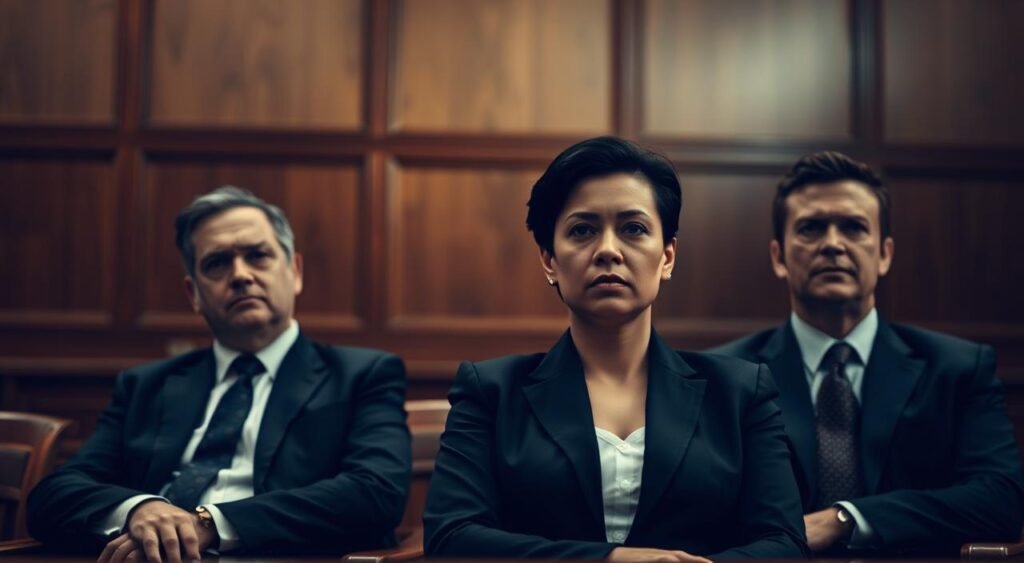 A formal courtroom setting with a sense of gravity and importance. Four individuals sit in the foreground, dressed in business attire, their expressions serious and focused. Soft, directional lighting casts shadows, creating a sense of depth and dimension. The background is a wood-paneled wall, hinting at the authority and tradition of the judicial system. The overall atmosphere is one of somber contemplation, reflecting the gravity of the proceedings. Crisp, cinematic composition with a depth of field that keeps the subjects in sharp focus while subtly blurring the background.