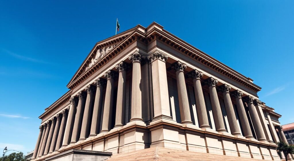 A grand and imposing neoclassical building with imposing columns and intricate architectural details, set against a backdrop of a clear blue sky. The structure commands a sense of authority and gravitas, reflecting the significance of the Supremo Tribunal Federal, Brazil's highest court. The lighting is crisp and directional, casting dramatic shadows and highlights that accentuate the building's grandeur. The perspective is slightly elevated, conveying a sense of the building's scale and importance within the cityscape. The overall mood is one of solemnity, dignity, and the weight of judicial power.