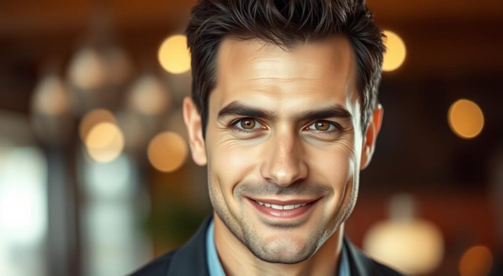 A headshot portrait of Rodrigo Faro, a popular Brazilian television host and actor, captured in a warm, soft-focus lighting that accentuates his friendly, approachable demeanor. Faro is shown in a relaxed, slightly smiling expression, with his brown eyes and chiseled features filling the frame. The background is blurred, creating a sense of depth and drawing the viewer's attention to Faro's face. The overall mood is one of professionalism and likeability, reflecting his successful career in the entertainment industry.