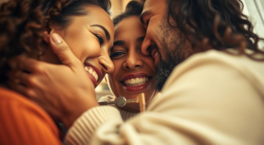A heartwarming scene of a touching moment, captured in vivid detail. The camera lens focuses on a tender embrace between a woman and a man, their faces aglow with joy and gratitude. The woman's eyes shine with tears of happiness as the man presents her with the keys to a new apartment, a life-changing gift. The background is softly blurred, drawing the viewer's attention to the central figures. Warm, natural lighting bathes the scene, creating a sense of intimacy and emotional resonance. The angle is slightly low, emphasizing the significance of the moment and the human connection at its core. This is a powerful, emotive image that conveys the profound impact of a selfless act of generosity.